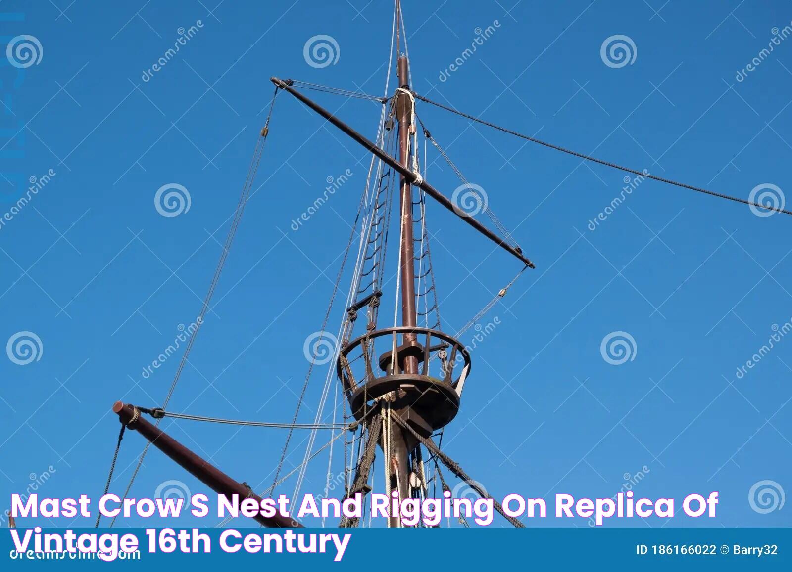 Mast, Crow`s Nest and Rigging on Replica of Vintage 16th Century