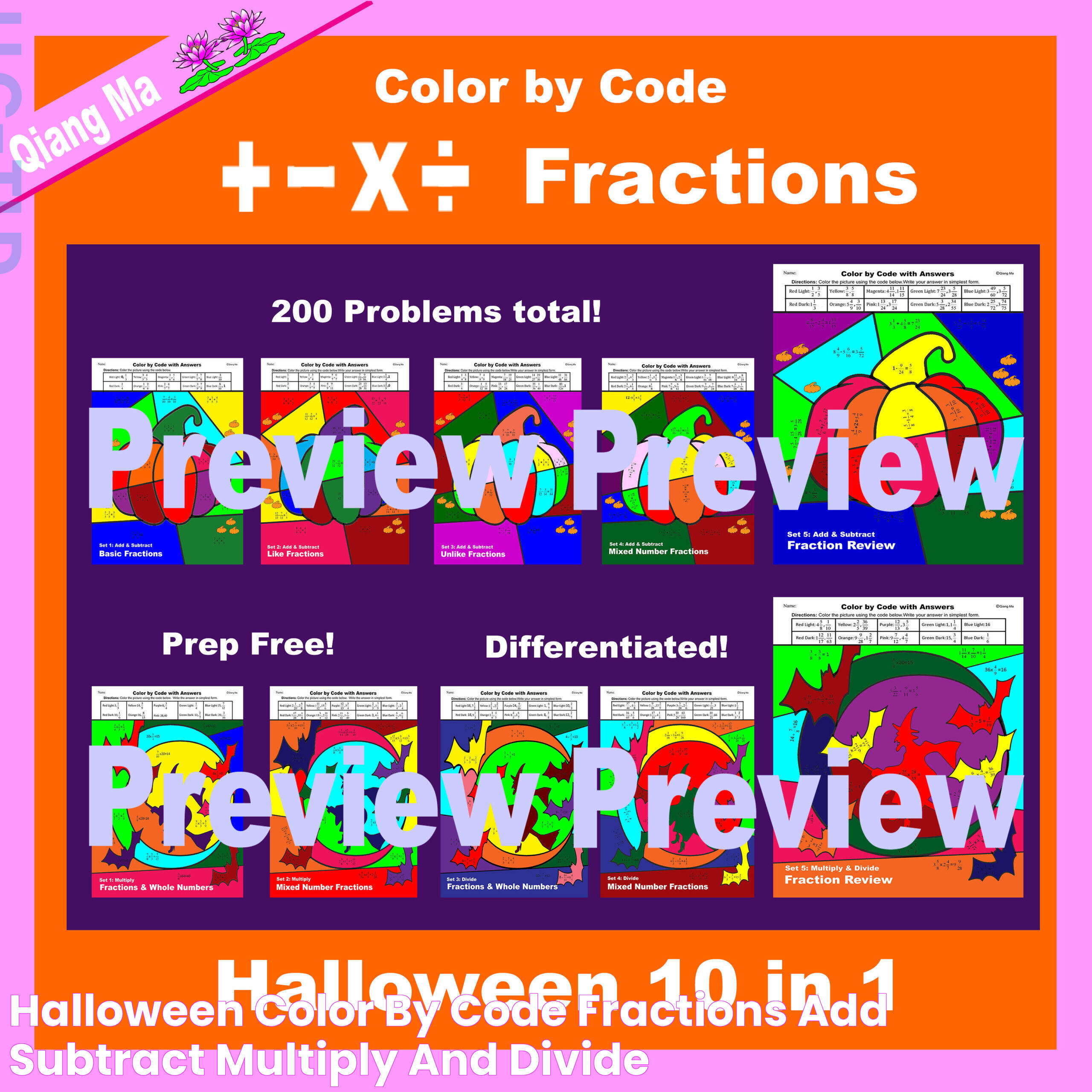 Halloween Color by Code Fractions Add, Subtract, Multiply, and Divide