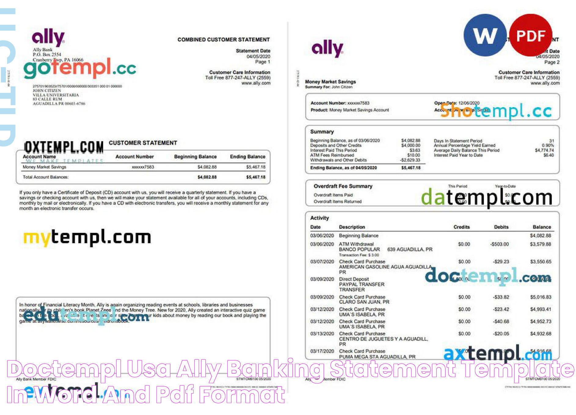 Doctempl USA Ally banking statement template in Word and PDF format