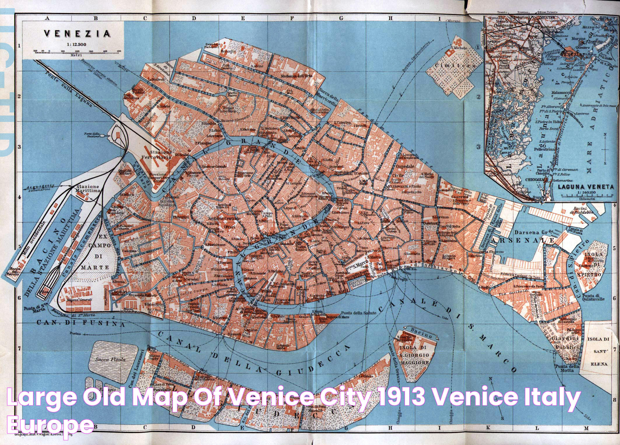 Large old map of Venice city 1913 Venice Italy Europe