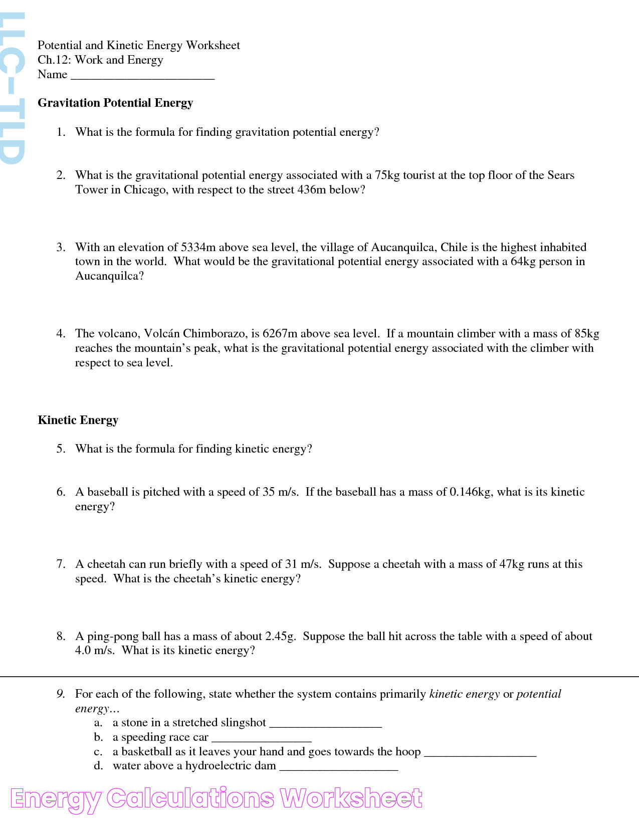 Energy Calculations Worksheet —