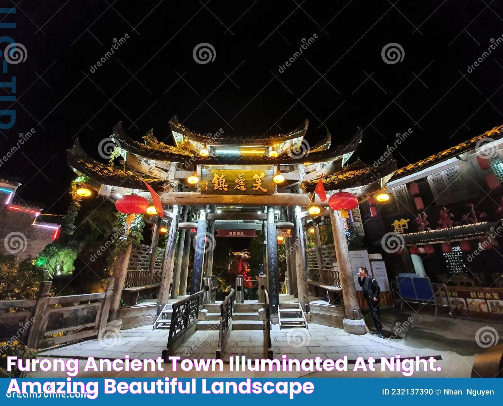 Furong Ancient Town Illuminated at Night. Amazing Beautiful Landscape