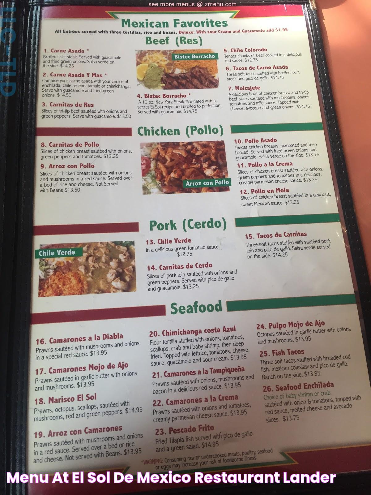 Menu at El Sol De Mexico restaurant, Lander